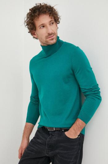 Vlněný svetr BOSS pánský, zelená barva, lehký, s golfem