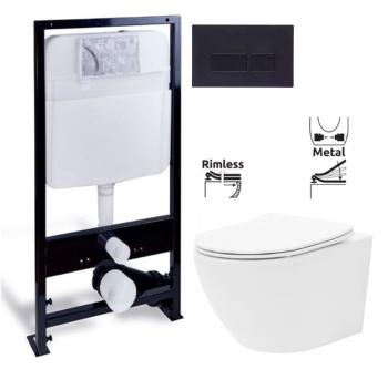 PRIM předstěnový instalační systém s černým tlačítkem  20/0044 + WC REA Carlo Flat Mini Rimless + SEDÁTKO PRIM_20/0026 44 CF1