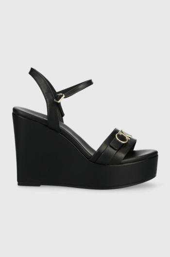 Kožené sandály Calvin Klein WEDGE 70HH W/HW dámské, černá barva, na klínku, HW0HW01485