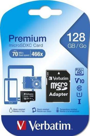 Paměťová karta, microSDXC, 128GB, C10/U1, 70/10 MB/s, adaptér, VERBATIM, "Premium"