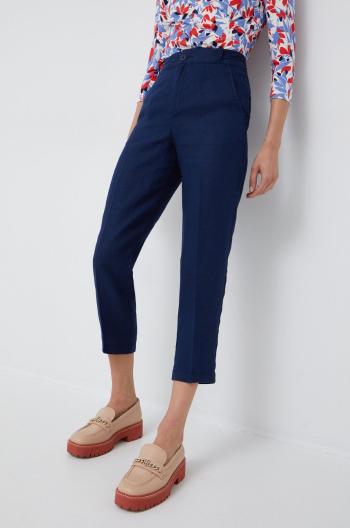 Plátěné kalhoty United Colors of Benetton dámské, tmavomodrá barva, jednoduché, high waist