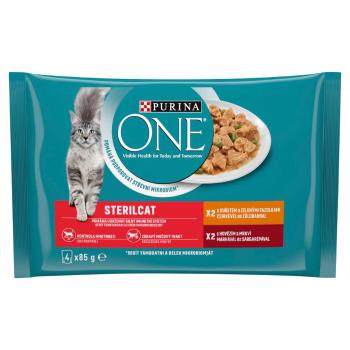 PURINA ONE Multipack 4x85g STERILCAT minifiletky s kuřetem a zelenými fazolkami/s hovězím a mrkví ve šťávě