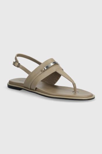 Kožené sandály Calvin Klein FLAT TP SANDAL METAL BAR LTH dámské, béžová barva, HW0HW02031