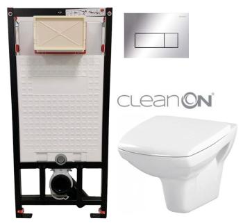 DEANTE Podomítkový rám, pro závěsné WC mísy + SLIM tlačítko chrom + WC CERSANIT CLEANON CARINA  + SEDÁTKO CST_WC01 051P CA1