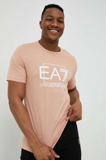 Bavlněné tričko EA7 Emporio Armani hnědá barva, s potiskem