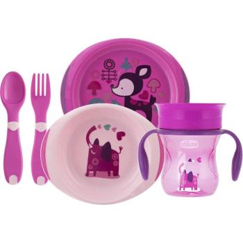 Chicco Jídelní set talíř, příbor a hrnek růžový