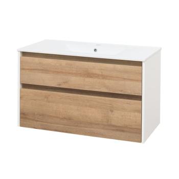 MEREO Opto, koupelnová skříňka s keramickým umyvadlem 101 cm, bílá/dub CN932