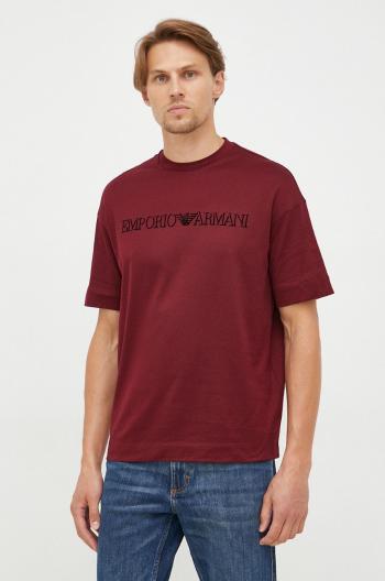 Bavlněné tričko Emporio Armani vínová barva, s aplikací