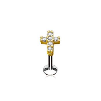 Šperky4U Zlacený piercing do brady křížek 1,2 x 8 mm, čiré zirkony - LB0027GDC-1208