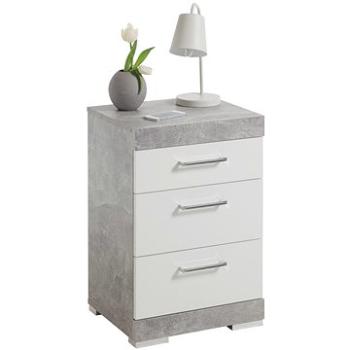 FMD Noční stolek se 3 zásuvkami betonově šedý a leskle bílý (428707)