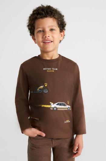 Dětská bavlněná košile s dlouhým rukávem Mayoral hnědá barva, s potiskem