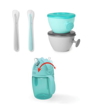 SKIP HOP Set jídelní s hrníčkem 5 ks Easy-Feed Mealtime Set Teal/Grey 6m+