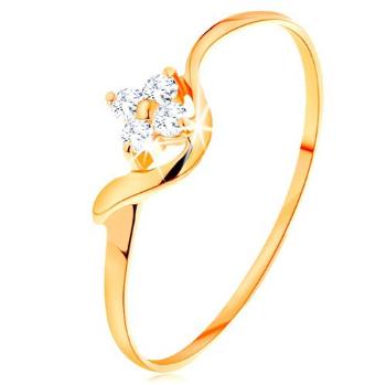 Prsteň zo žltého 14K zlata - kvietok z čírych diamantov, zvlnené rameno - Veľkosť: 49 mm