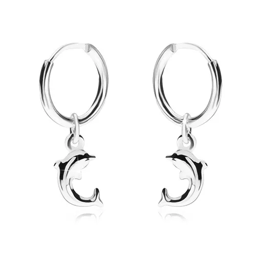 Náušnice ze stříbra 925, lesklý hladký kroužek, delfín