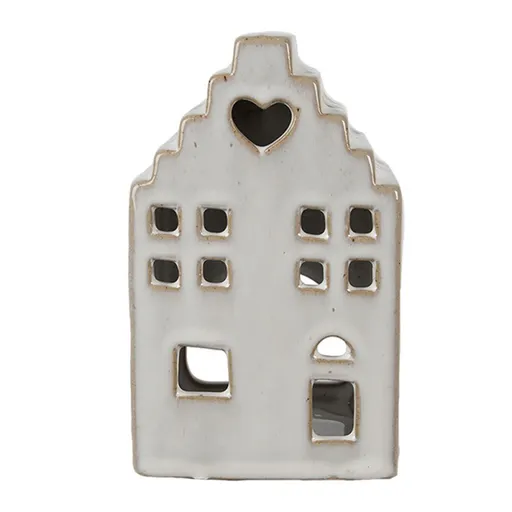 Béžový porcelánový domek svícen na čajovou svíčku Christmas House M - 9*7*14 cm Clayre & Eef