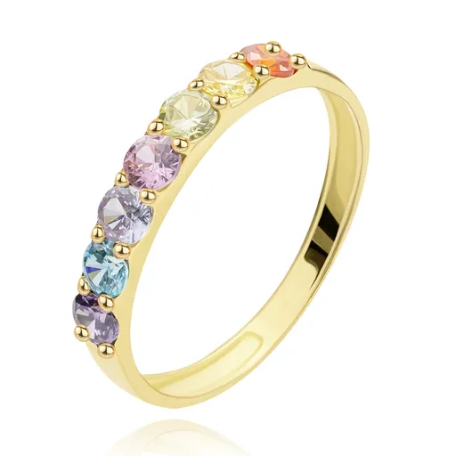 Prsten ze žlutého zlata 585 - řada barevných zirkonů, lesklá ramena - Velikost: 49
