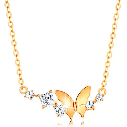 Zlatý náhrdelník 585 - jemný řetízek, motýl a oblouk z čirých třpytivých zirkonů