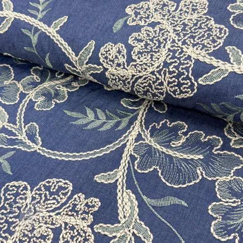 Bavlněná látka JEANS Embroidery leaves light blue
