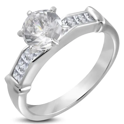 Ocelový prsten - čirý vystouplý kulatý zirkon ve středu - Velikost: 54