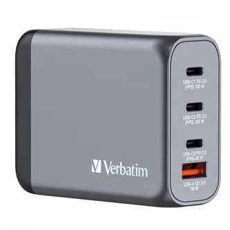Verbatim GaN 32202, cestovní nabíječka do sítě, USB 3.0, USB C, šedá, 100 W, vyměnitelné vidlice C,G,A