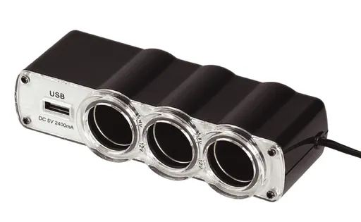 WG - Nabíječka do auta, rozbočovač, 3x zásuvka zapalovače 12V + 1x USB-A, s prodloužením