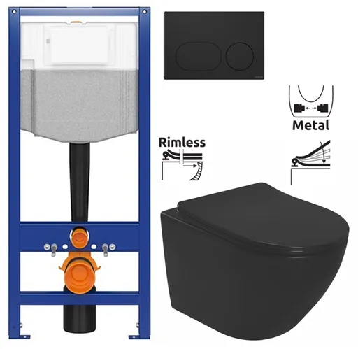 CERSANIT předstěnový instalační systém s černým tlačítkem K97-0637 + WC REA CARLO MINI RIMLESS ČERNÝ MAT + SEDÁTKO K97-526 0637 MM1