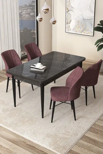 Dining Table & Chairs Set (5 Pieces) Arp - Black Marble, Dusty Rose