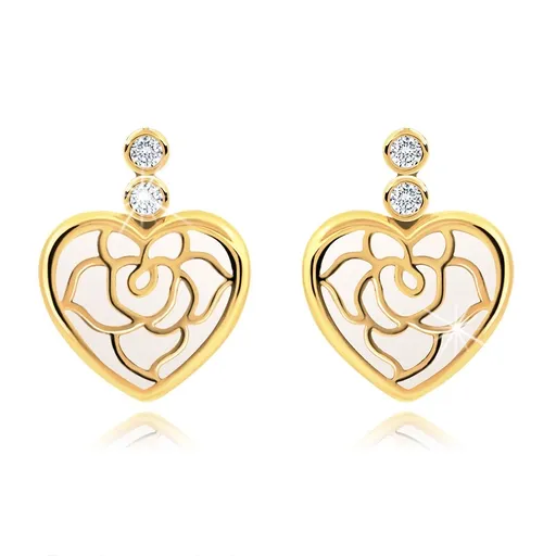 Náušnice ze žlutého 14K zlata - srdíčko zdobené bílou glazurou, čiré zirkonky