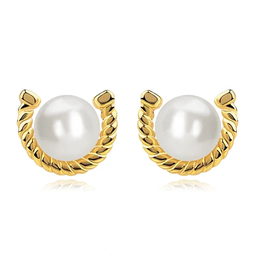 Puzetové náušnice ze žlutého zlata 585 - podkova, sladkovodní perla