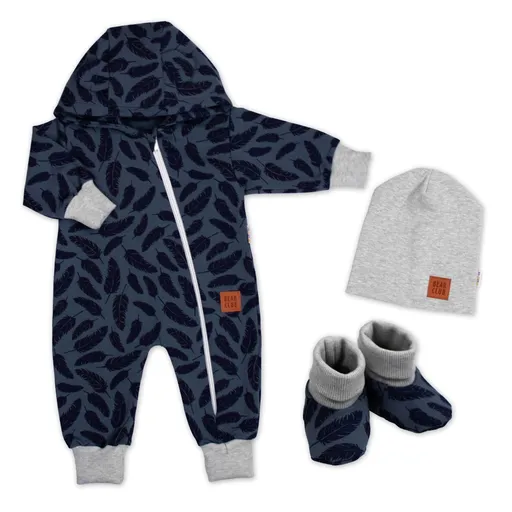 Baby Nellys Rostoucí teplákový overal, čepice, botky, 3D, Nature - jeans pírka, 68/74