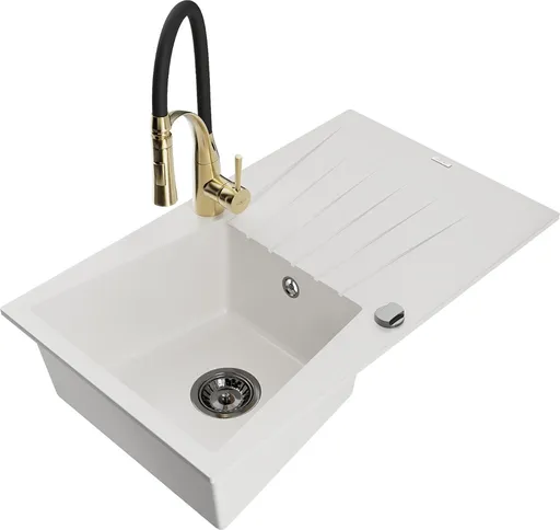 MEXEN/S Cesar granitový dřez s odkapávačem včetně baterie Aster, bílá 6514-20-73450-57-B