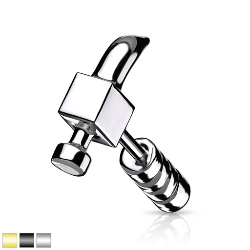 Ocelový 316L piercing do tragu - motiv tesařského kladívka, PVD úprava - Barva: Zlatá