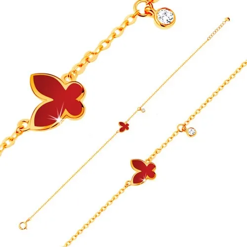 Náramek ve žlutém 14K zlatě - glazovaný červený motýl a kulatý zirkonek čiré barvy
