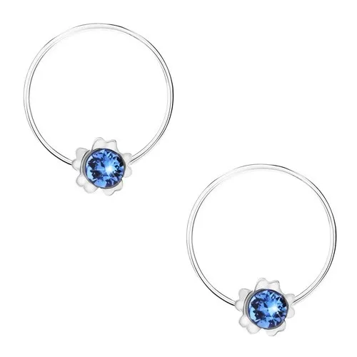 Stříbrné náušnice 925, modrý kulatý krystalek Swarovski, kvítek