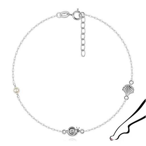 Stříbrný náramek na nohu 925 s mušlí, šnekem a perlou