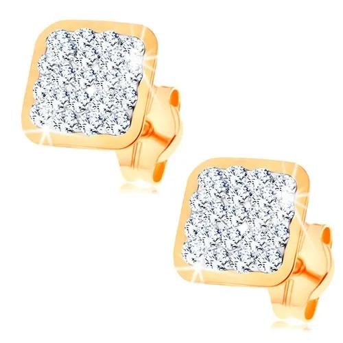 Náušnice ve žlutém 14K zlatě - čtvereček vykládaný čirými krystaly Swarovski
