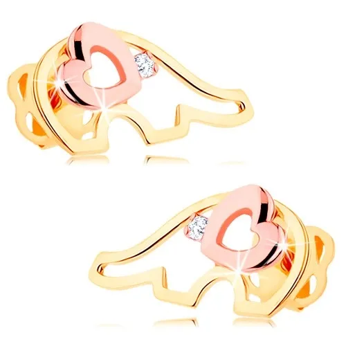 Zlaté náušnice 585 - dvoubarevná kontura slona, čiré zirkonové očko