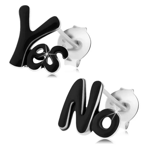 Stříbrné 925 náušnice, nápisy Yes a No, lesklá černá glazura