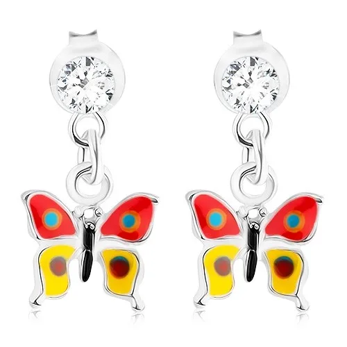 Náušnice ze stříbra 925 s krystalem Swarovski, červenožlutý motýlek