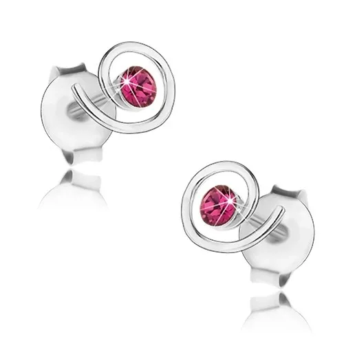 Stříbrné 925 náušnice, lesklá spirála, fuchsiový krystalek Swarovski