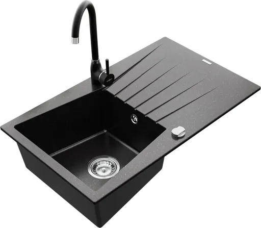 MEXEN/S Cesar granitový dřez 1 s odkapávačem včetně baterie Telma, černá/stříbrný 6514-73-670200-70