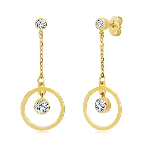 Náušnice ve žlutém zlatě 585 - kroužek se zirkonem visící na řetízku