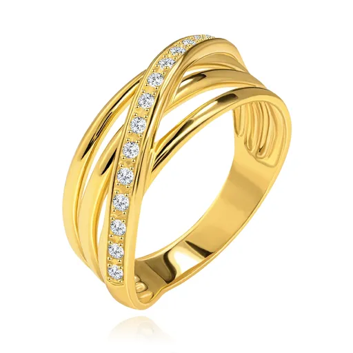 Prsten ze žlutého 14K zlata - tři hladké pásy, šikmá zirkonová linie - Velikost: 49