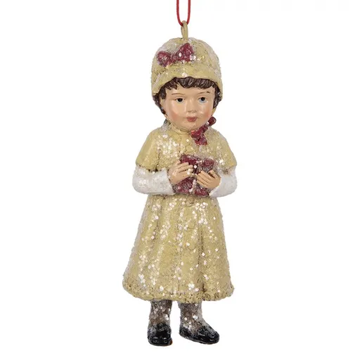 Vánoční závěsná dekorace holčička v zeleném kabátku - 4*4*11 cm Clayre & Eef