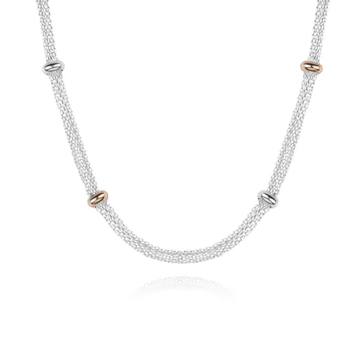 Stříbrný 952 náhrdelník - řetízky bodově pospojované stříbrnými a růžovozlatými korálky