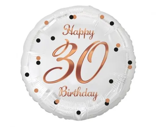 Balón foliový bílý 30 let - Happy birthday - narozeniny - růžovozlatý nápis - 45 cm - GoDan