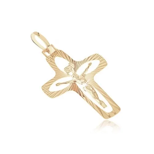 Zlatý přívěsek 585 - kříž s paprsky, zrnkovými výseky a vystouplým Ježíšem