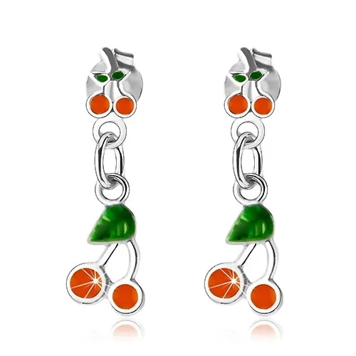 Stříbrné 925 náušnice, třešničky zdobené oranžovou a zelenou glazurou