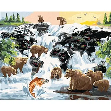 Zuty - Malování podle čísel - MEDVĚDI U VODOPÁDU NA LOVU LOSOSŮ A MAPA SVĚTA (D. RUSTY RUST), 80x100 (HRAmmb03557nad)