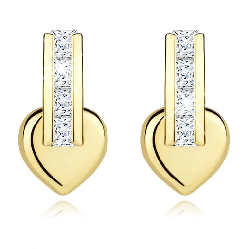 Puzetové náušnice ze žlutého 14K zlata - srdce, pásek s čirými zirkony